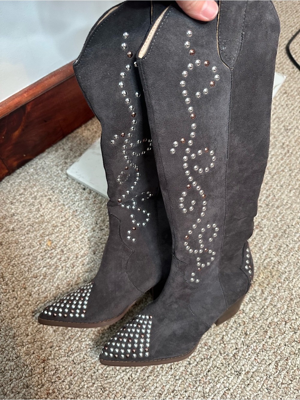 Studded Suede Knee-High Boots — Black